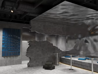 Modern Industrial Milk Tea Shop Interior With Gray Concrete Walls Blue Fabric And Pendant Lights 3d model