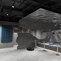 Modern Industrial Milk Tea Shop Interior With Gray Concrete Walls Blue Fabric And Pendant Lights