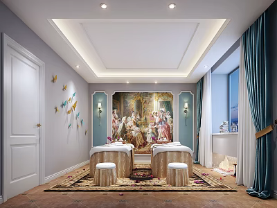 Luxurious SPA Sauna Interior Design With Massage Beds Decorative Painting And Soft Lighting 3d model