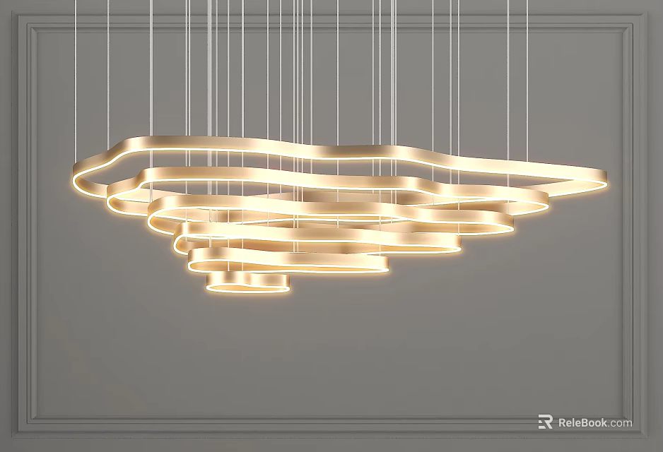 Modern Wavy Layered Golden Chandelier Illuminated Over Gray Wall With Minimalist Decor 3d model 