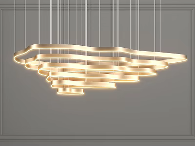 Modern Wavy Layered Golden Chandelier Illuminated Over Gray Wall With Minimalist Decor 3d model