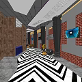 Hotel Lobby Interior With Blue Reception Counter Black White Chevron Floor And Brick Walls