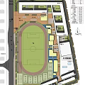 Modern School Building Campus With Academic Buildings Sports Field And Landscaped Areas