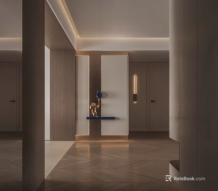 Modern Entryway Hallway Interior With Wooden Paneling Recessed Lighting And Herringbone Flooring 3d model 