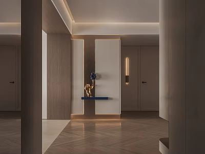 Modern Entryway Hallway Interior With Wooden Paneling Recessed Lighting And Herringbone Flooring 3d model
