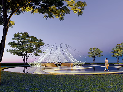 Modern Pergola with Net Structure Surrounded by Trees Water Pool Evening Lighting and People Walking 3d model