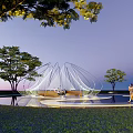 Modern Pergola with Net Structure Surrounded by Trees Water Pool Evening Lighting and People Walking 3d model