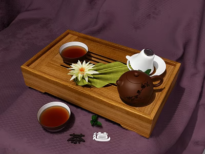 Traditional Tea Set with Wooden Tray Teapot Cups Lotus Flower and Green Leaf on Purple Cloth 3d model