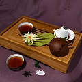 Traditional Tea Set with Wooden Tray Teapot Cups Lotus Flower and Green Leaf on Purple Cloth