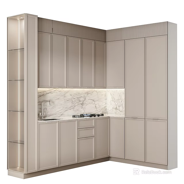 Modern Kitchen Cabinet Design With Light Colored Panels And Marble Backsplash 3d model