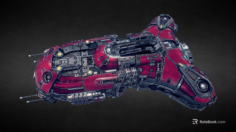 Red Science Fiction Spaceship With Complex Mechanical Structure And Illuminated Lights Detailed Exterior Design 3d model 