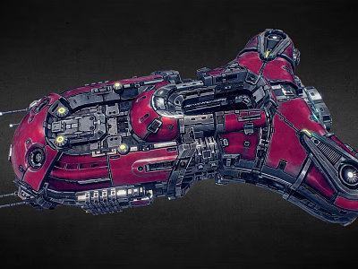 Red Science Fiction Spaceship With Complex Mechanical Structure And Illuminated Lights Detailed Exterior Design 3d model