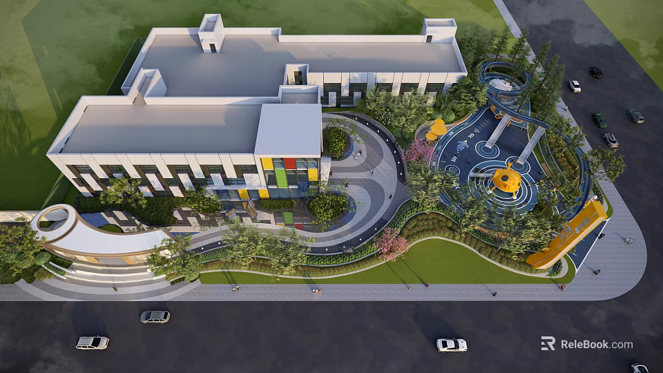 Modern Building Complex With Colorful Facade Green Landscape Playground And Circular Pathway 3d model 