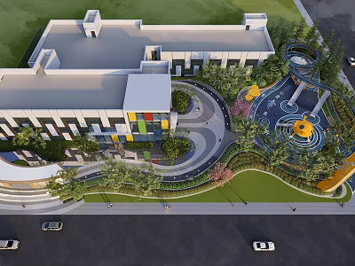 Modern Building Complex With Colorful Facade Green Landscape Playground And Circular Pathway 3d model