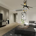 Modern Living Room with Gray L shaped Sofa Artwork Chandelier TV Wooden Flooring and Green Plants