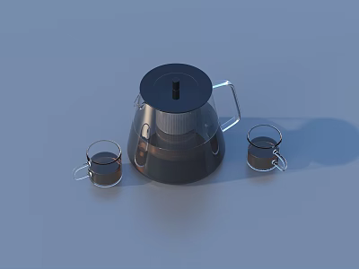 Silver Coffee Pot With Two Glass Cups On Light Blue Background 3d model