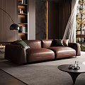 Brown Leather Sofa Living Room With Green Black Cushions Coffee Table Bookshelf Pendant Light Fireplace And Window View