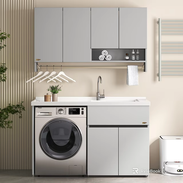 Modern Bathroom Combo with Washing Machine Sink Cabinets and Towel Rack 3d model 