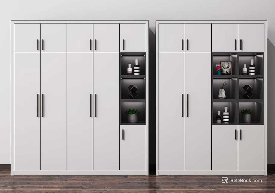 Modern White Wardrobe Design Featuring Multiple Doors Open Shelves With Decorative Items And Black Handles 3d model 