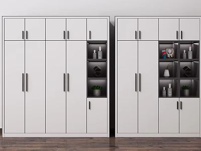 Modern White Wardrobe Design Featuring Multiple Doors Open Shelves With Decorative Items And Black Handles 3d model