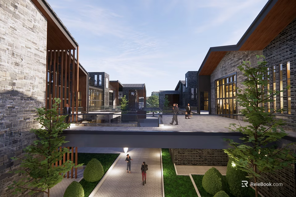 Charming Commercial Street With Stone Buildings Wooden Elements Pedestrians Green Plants And Walkway Lighting 3d model 