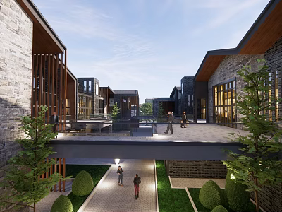 Charming Commercial Street With Stone Buildings Wooden Elements Pedestrians Green Plants And Walkway Lighting 3d model