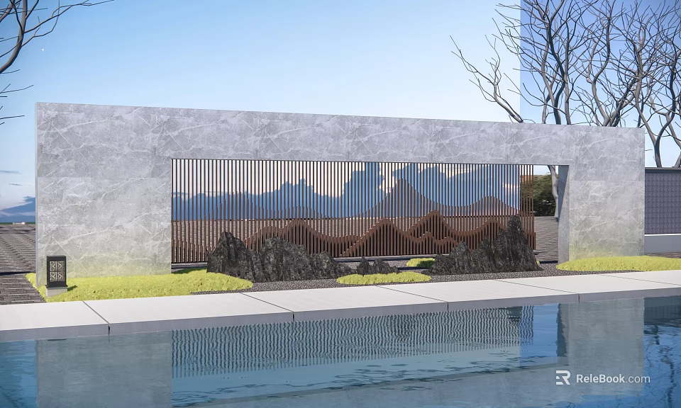 Outdoor Scenic Wall Design With Gray Surface Brown Grid Black Rockery And Water Pool 3d model 
