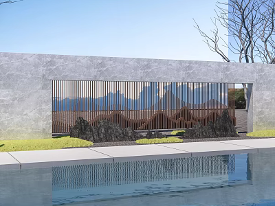Outdoor Scenic Wall Design With Gray Surface Brown Grid Black Rockery And Water Pool 3d model