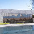 Outdoor Scenic Wall Design With Gray Surface Brown Grid Black Rockery And Water Pool