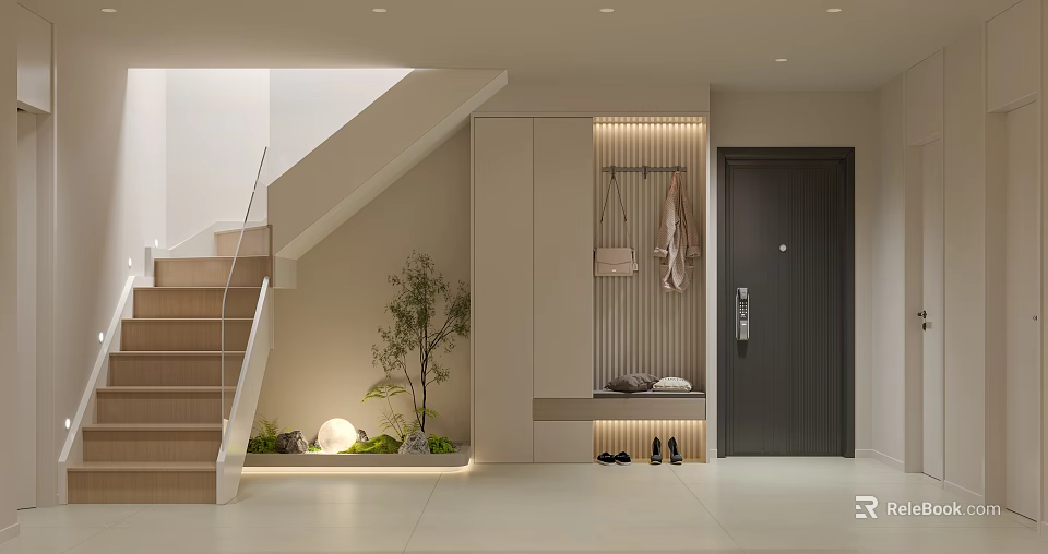 Basement Entryway Interior With Staircase Lighting Plants And Shoe Cabinet 3d model 