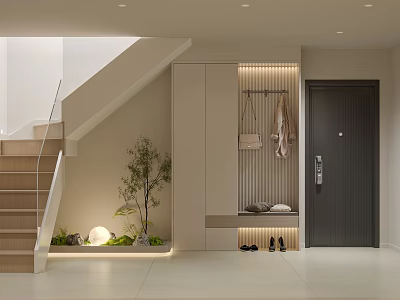 Basement Entryway Interior With Staircase Lighting Plants And Shoe Cabinet 3d model