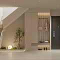 Basement Entryway Interior With Staircase Lighting Plants And Shoe Cabinet