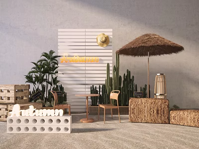 Cozy Outdoor Lounge Area With Straw Umbrella Plants And Wooden Furniture 3d model