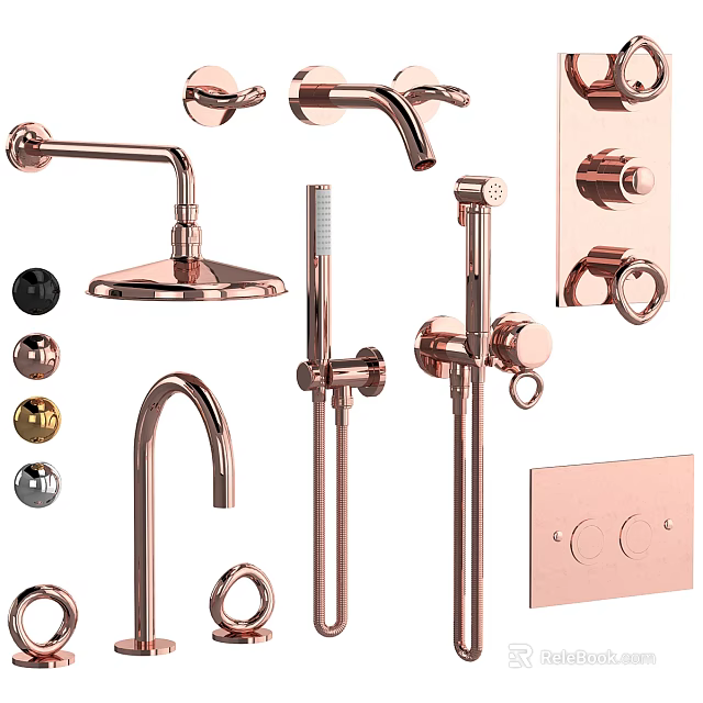 Modern Shower Faucet Components Including Rain Head Handheld Sprayer Rose Gold Knobs and Mounting Brackets 3d model