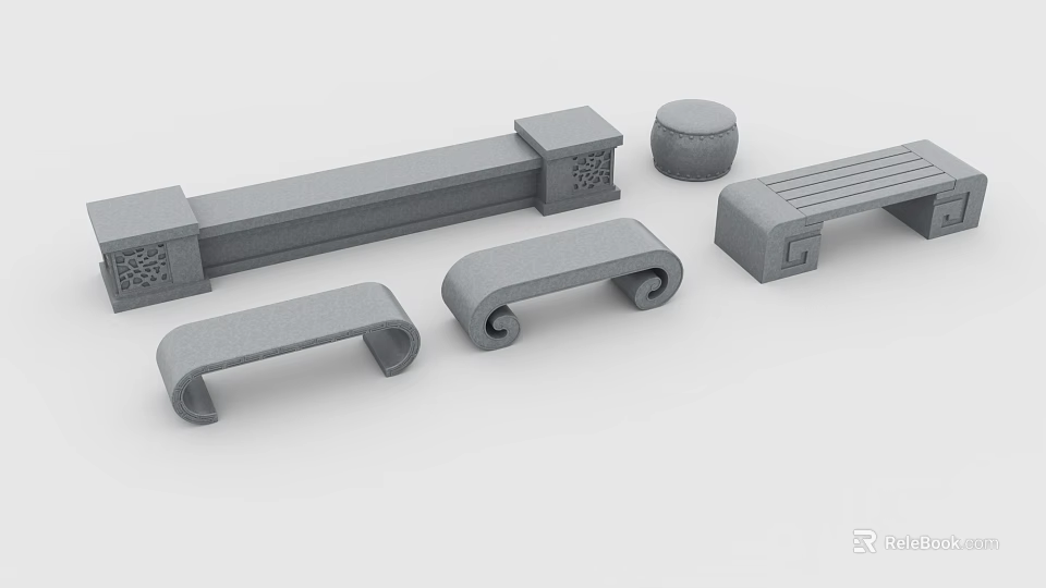 Decorative Stone Garden Ornaments With Railing Scroll Bench And Round Stool 3d model