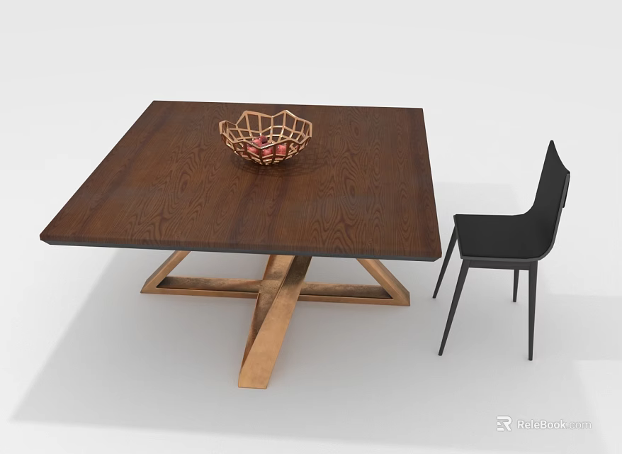 Square Wooden Dining Table With Wood Grain Crossed Legs Wicker Basket And Black Chair 3d model 