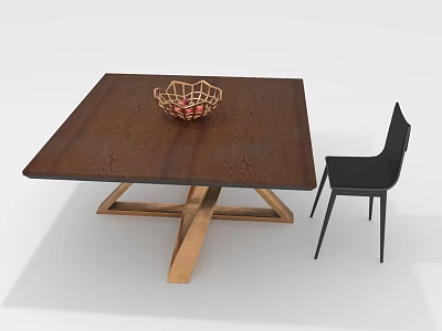 Square Wooden Dining Table With Wood Grain Crossed Legs Wicker Basket And Black Chair 3d model