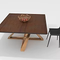 Square Wooden Dining Table With Wood Grain Crossed Legs Wicker Basket And Black Chair