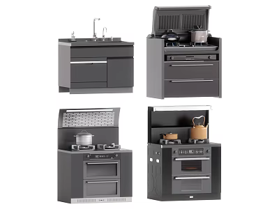 Modern Dark Gray Kitchen Workstations With Sink Stove Oven And Storage Cabinets 3d model