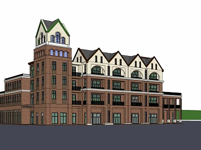 Commercial Complex Red Brick Facade Gabled Tower Arched Windows Multi Storey Structure Balconies Design 3d model