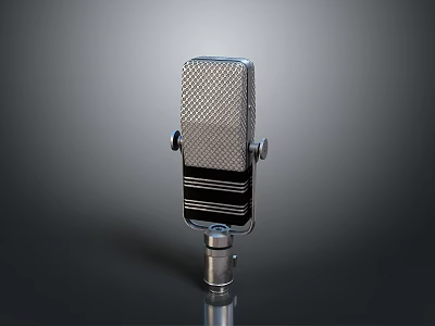 Vintage Retro Style Silver Metal Microphone With Grid Front And Black Stripes 3d model