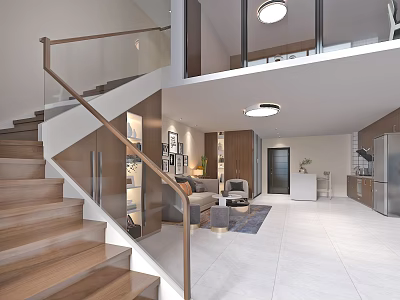 Modern Apartment Featuring Open Layout Wooden Stairs Glass Railings Living Room And Kitchen Area 3d model