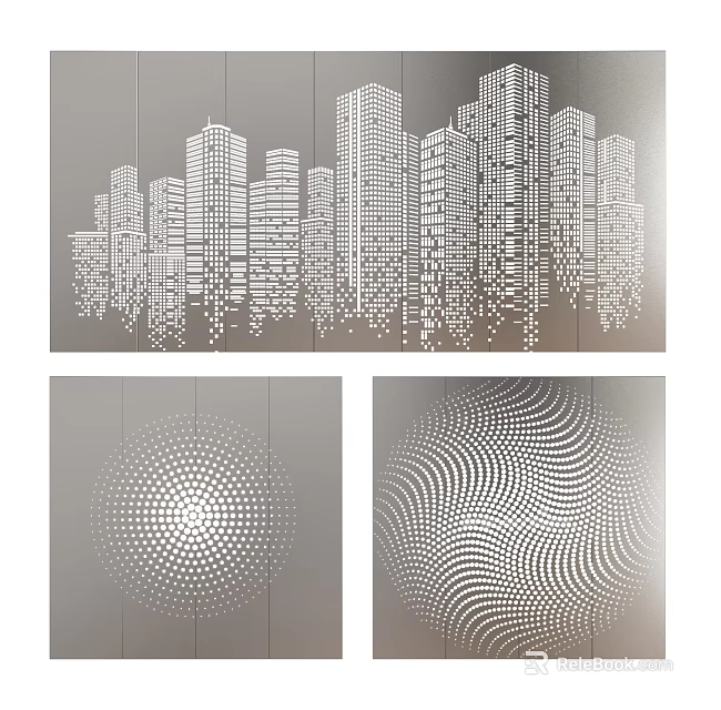 Decorative Dot Art Design Featuring City Skyline Silhouette And Geometric Patterns 3d model 