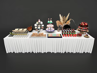Commercial Dessert Display Equipment with Tiered Stands and White Table Setup 3d model