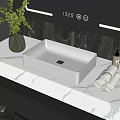 White Rectangular Washbasin In Modern Bathroom With Marble Countertop Rolled Towels Green Plant And Mirror