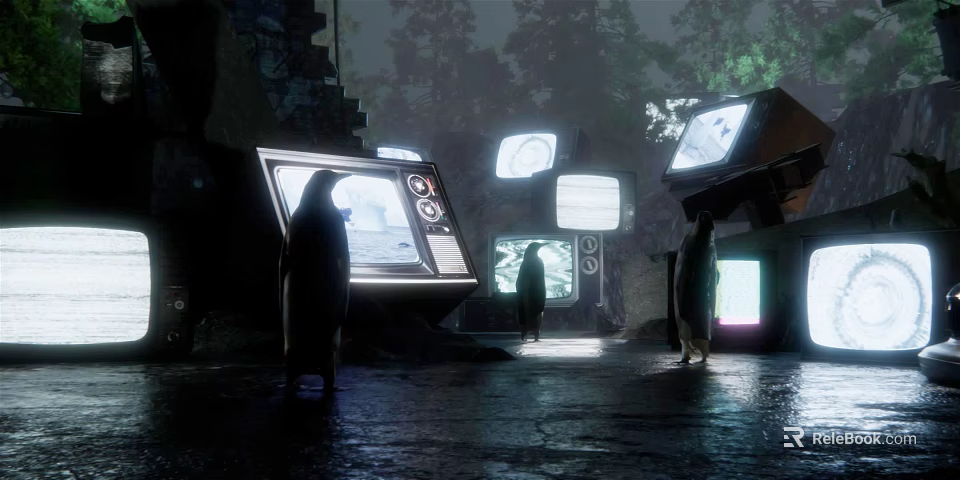 Futuristic Architectural Display Panels With Illuminated Screens Shadowy Figures And Glowing Edges 3d model 