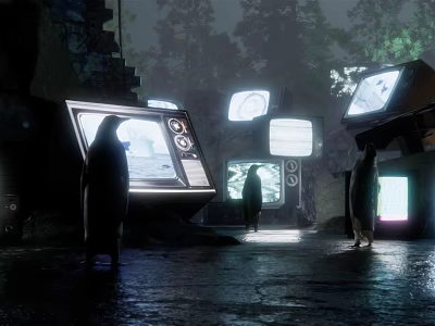 Futuristic Architectural Display Panels With Illuminated Screens Shadowy Figures And Glowing Edges 3d model