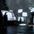 Futuristic Architectural Display Panels With Illuminated Screens Shadowy Figures And Glowing Edges
