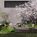 Serene Karesansui Garden with Cherry Blossom Tree Stone Pathway Wooden Fence and Tea Set