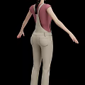Woman Wearing Pink Top And Beige Overalls With Arms Outstretched Against Black Background